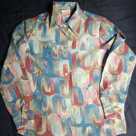 Vintage Stockton Abstract Strokes Geometric Polyester Disco Shirt - Picture 2 of 7